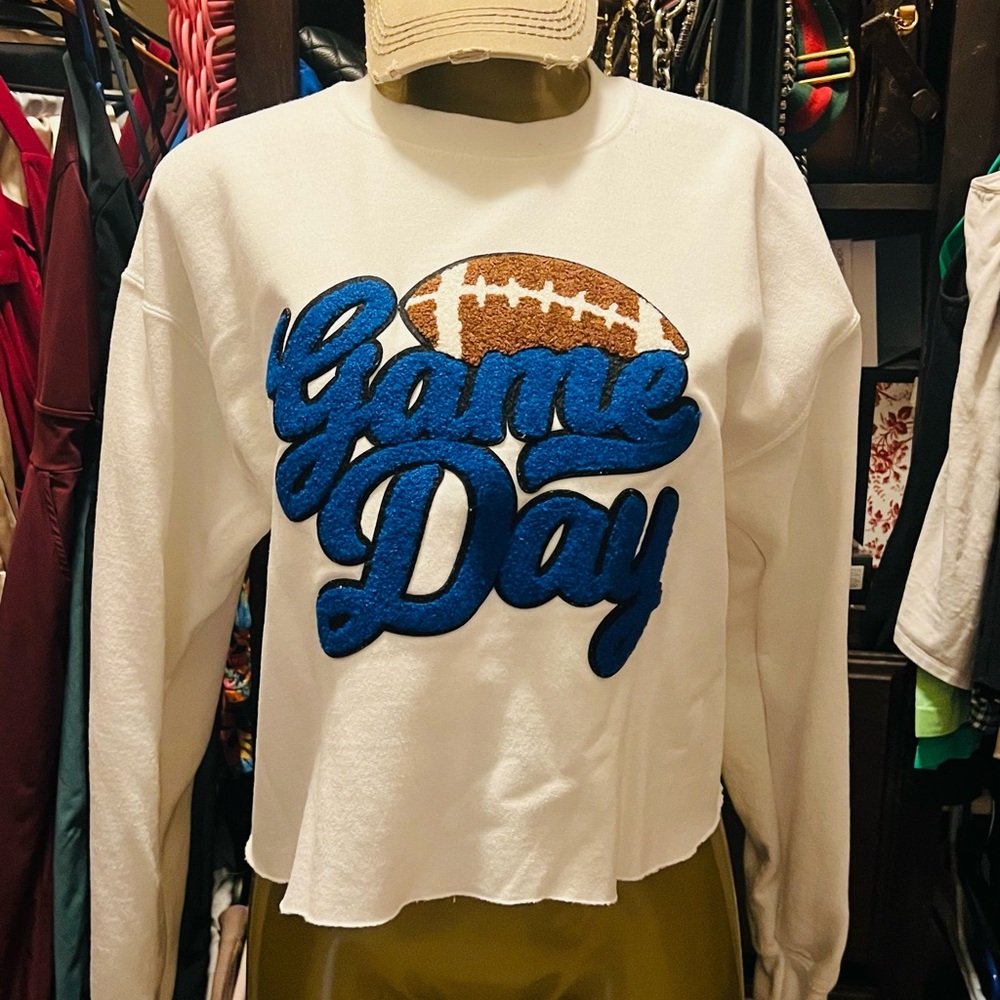 White Game Day Sweatshirt with Blue and Brown Design